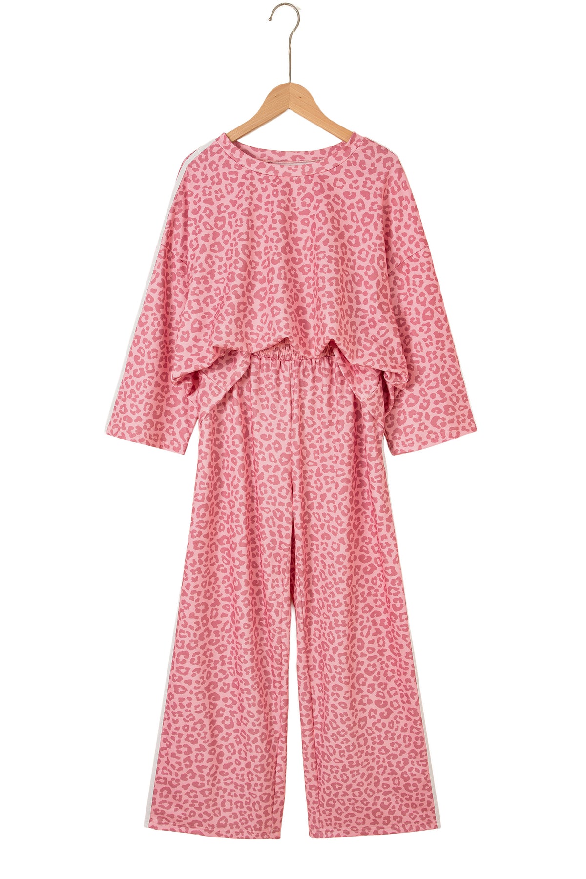 Pink Leopard Print Varsity Striped Detail 3/4 Sleeve Top Shift Pant Set-Two Piece Sets/Pant Sets-[Adult]-[Female]-2022 Online Blue Zone Planet