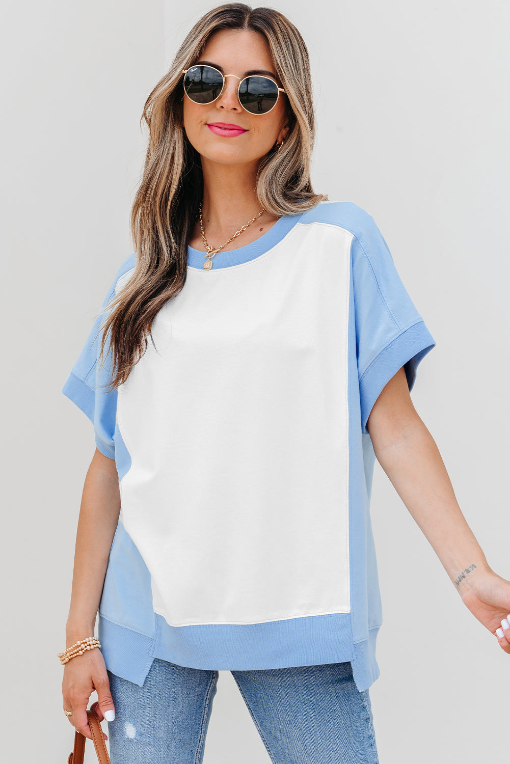 Sky Blue Color Block Exposed Seam Crew Neck T Shirt-Tops/Tops & Tees-[Adult]-[Female]-2022 Online Blue Zone Planet