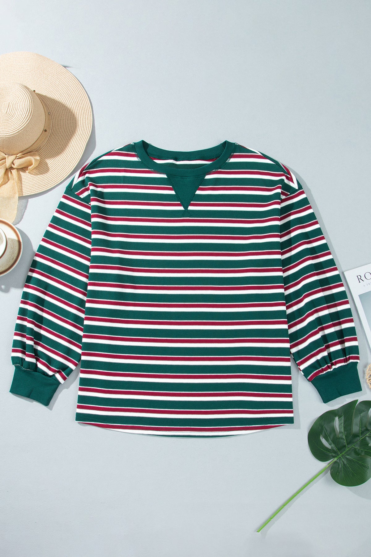 Green Stripe Striped Colorblock Round Neck Long Sleeve Shift Plus Size Sweatshirt-Plus Size/Plus Size Sweatshirts & Hoodies-[Adult]-[Female]-2022 Online Blue Zone Planet