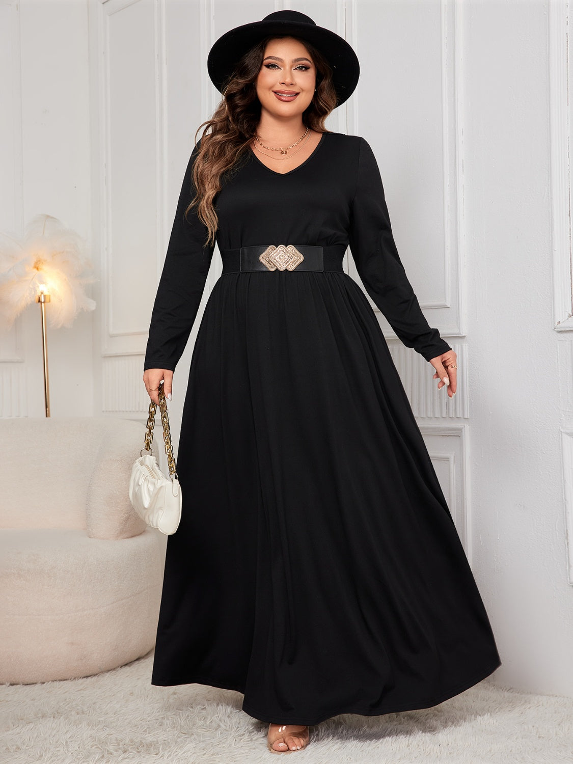 Blue Zone Planet | Plus Size Cutout V-Neck Long Sleeve Maxi Dress-TOPS / DRESSES-[Adult]-[Female]-2022 Online Blue Zone Planet