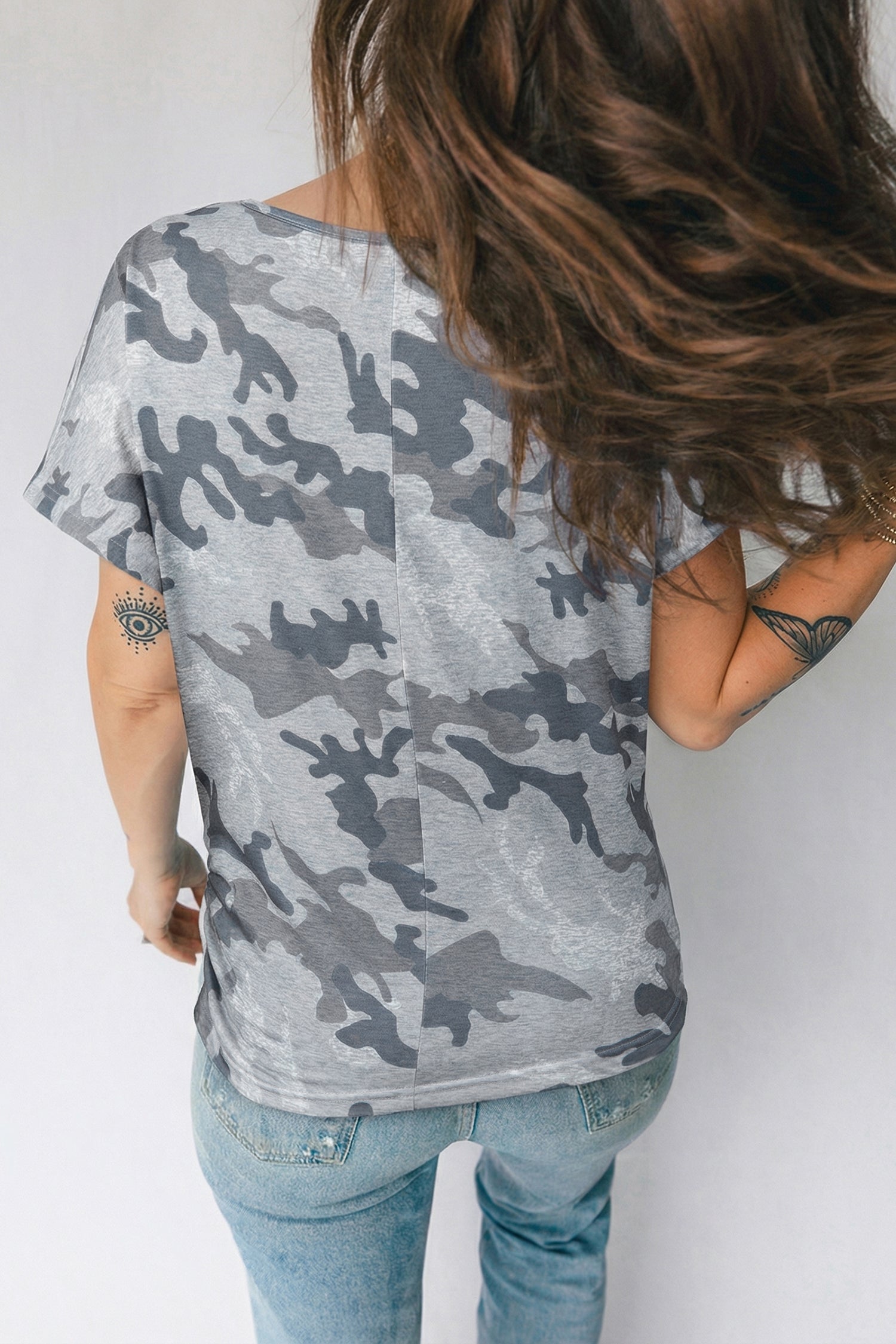 Gray Camouflage Print Round Neck T Shirt-Tops/Tops & Tees-[Adult]-[Female]-2022 Online Blue Zone Planet