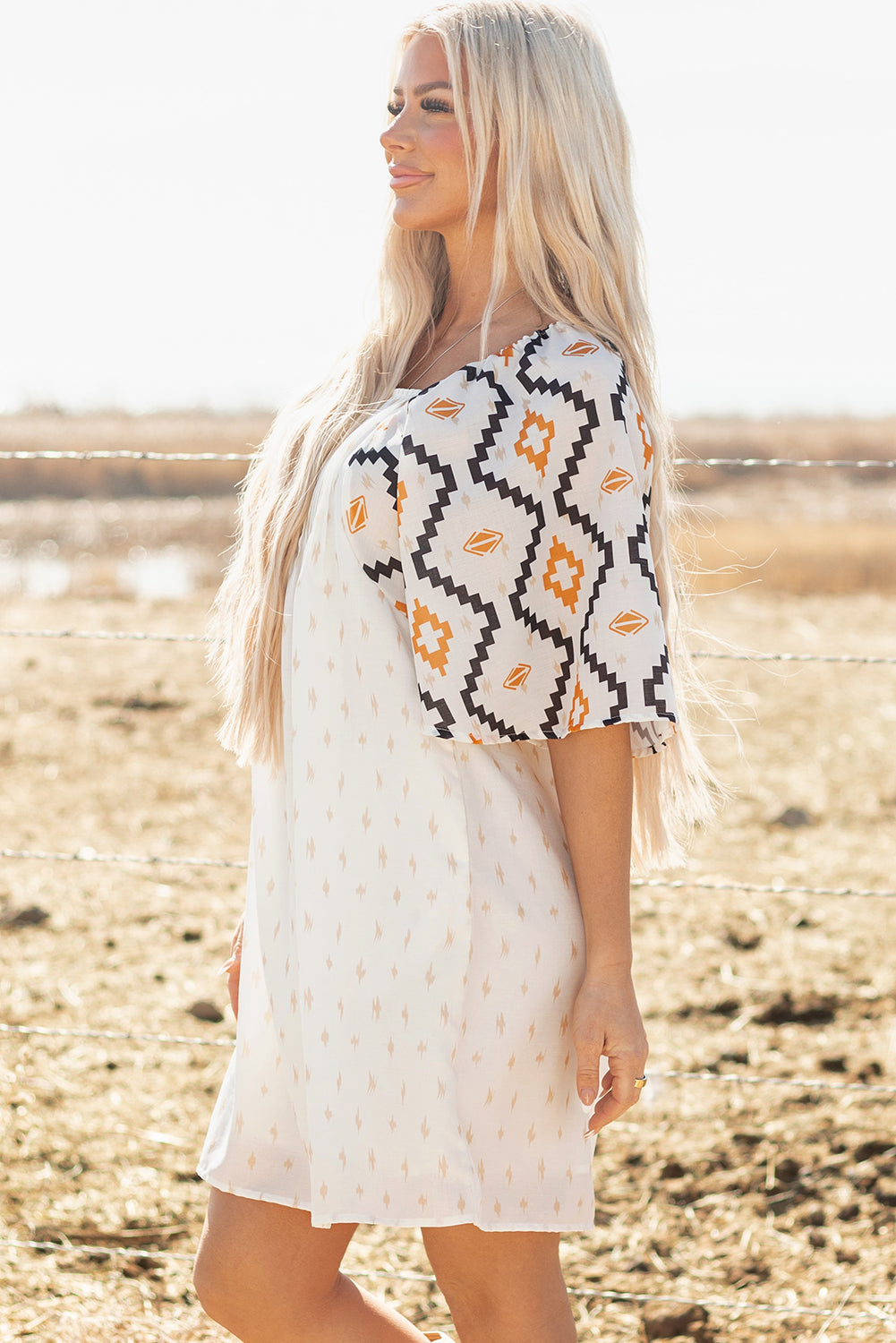 Blue Zone Planet | Beige Western Aztec Print Pleated Square Neck Loose Mini Dress-TOPS / DRESSES-[Adult]-[Female]-2022 Online Blue Zone Planet