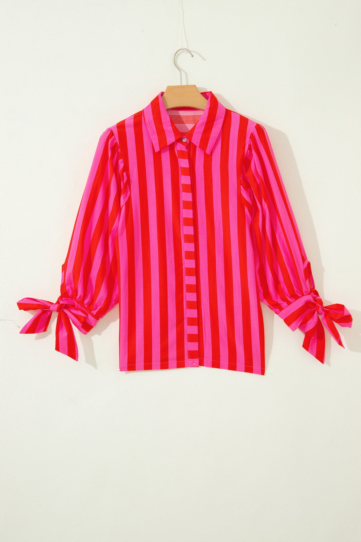 Red Stripe Tie Puff Sleeve Womens Button Down Shirt-Tops/Blouses & Shirts-[Adult]-[Female]-2022 Online Blue Zone Planet