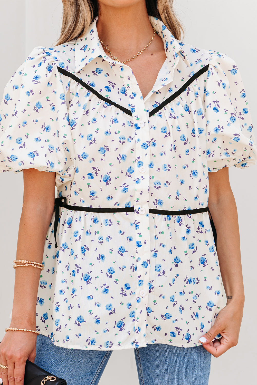 White Contrast Trim Floral Puff Short Sleeve Shirt-Tops/Blouses & Shirts-[Adult]-[Female]-2022 Online Blue Zone Planet