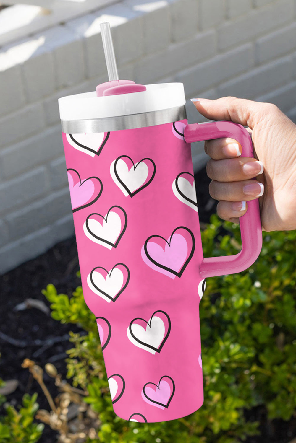 Rose Red Valentines Heart Printed Thermos Cup with Handle 40oz-Accessories/Tumblers-[Adult]-[Female]-2022 Online Blue Zone Planet