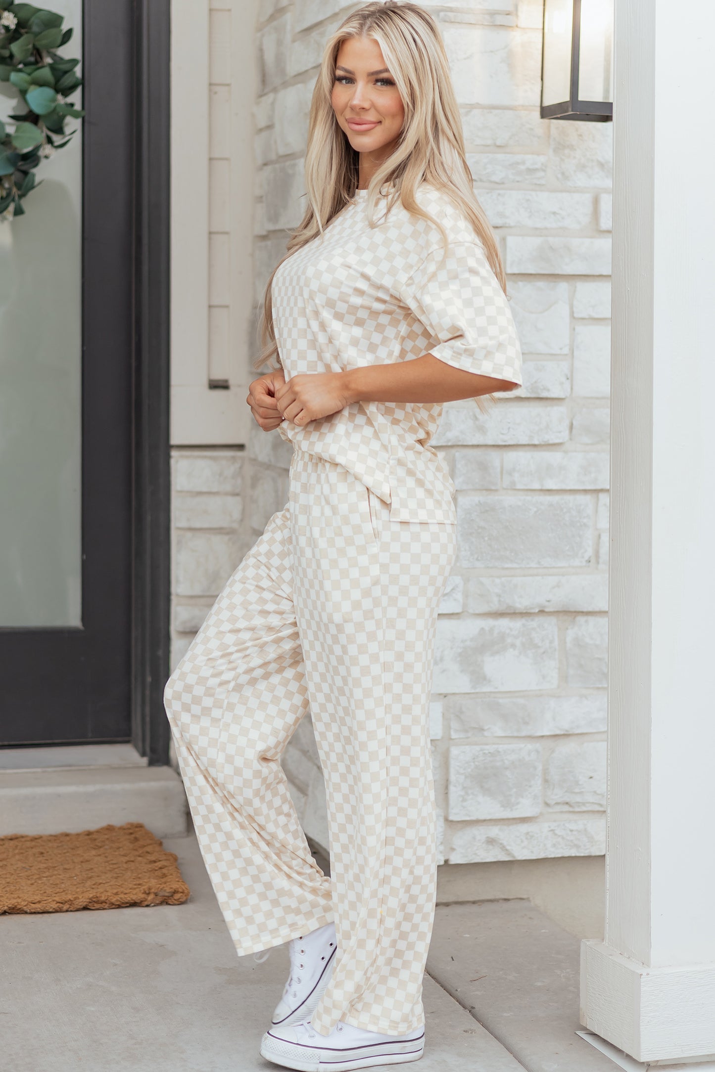 Khaki Checkered Print Half Sleeve Tee 2pcs Lounge Pant Set-Loungewear & Sleepwear/Loungewear-[Adult]-[Female]-2022 Online Blue Zone Planet