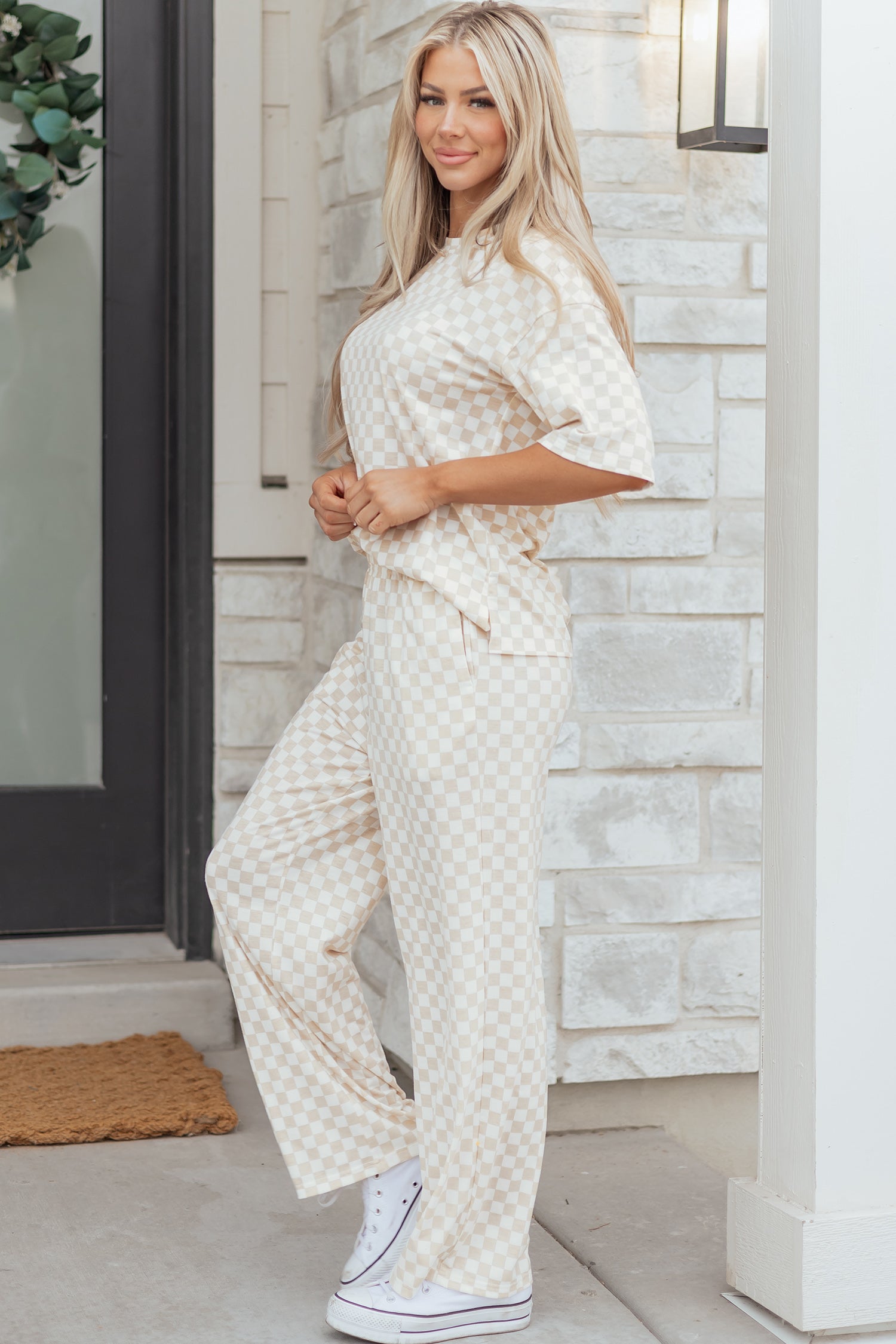 Khaki Checkered Print Half Sleeve Tee 2pcs Lounge Pant Set-Loungewear & Sleepwear/Loungewear-[Adult]-[Female]-2022 Online Blue Zone Planet