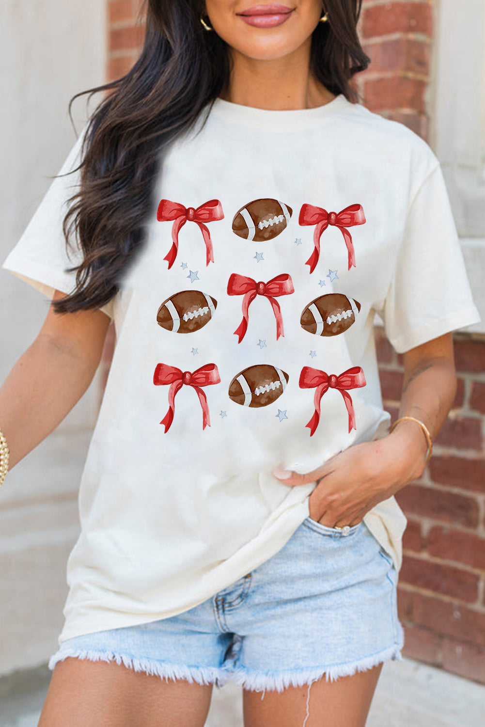 White Bowknot Rugby Graphic Crew Neck Tee-Graphic/Graphic Tees-[Adult]-[Female]-2022 Online Blue Zone Planet