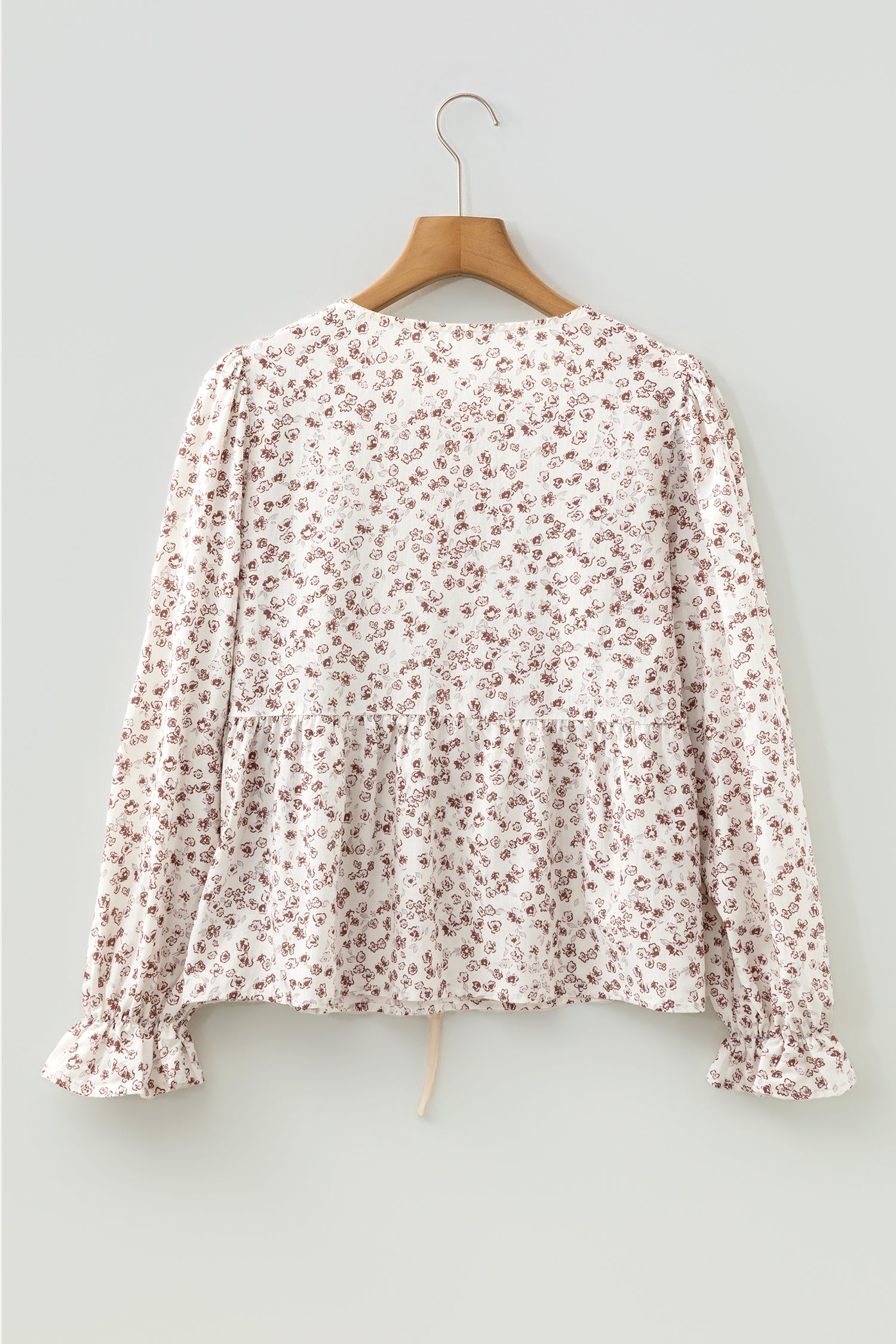 White Bow Tie Front Floral Print Flounce Sleeve Peplum Blouse-Tops/Blouses & Shirts-[Adult]-[Female]-2022 Online Blue Zone Planet