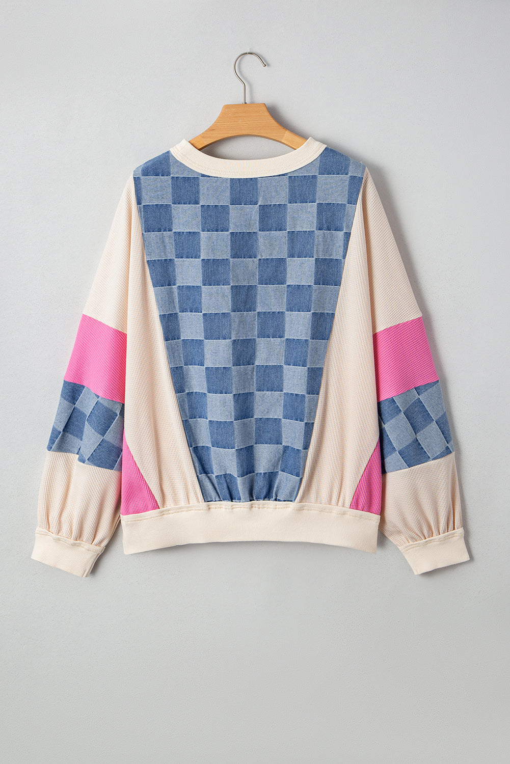 Sky Blue Oversized Checkered Denim Exposed Seam Patchwork Casual Sweatshirt-Tops/Sweatshirts & Hoodies-[Adult]-[Female]-2022 Online Blue Zone Planet