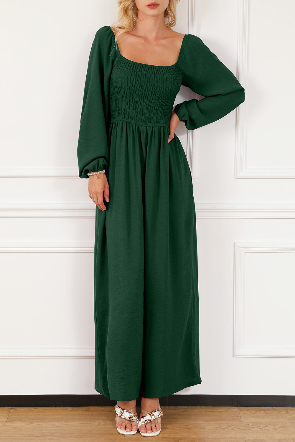 Green Smocked Square Neck Long Sleeve Wide Leg Jumpsuit-Jumpsuits-[Adult]-[Female]-2022 Online Blue Zone Planet