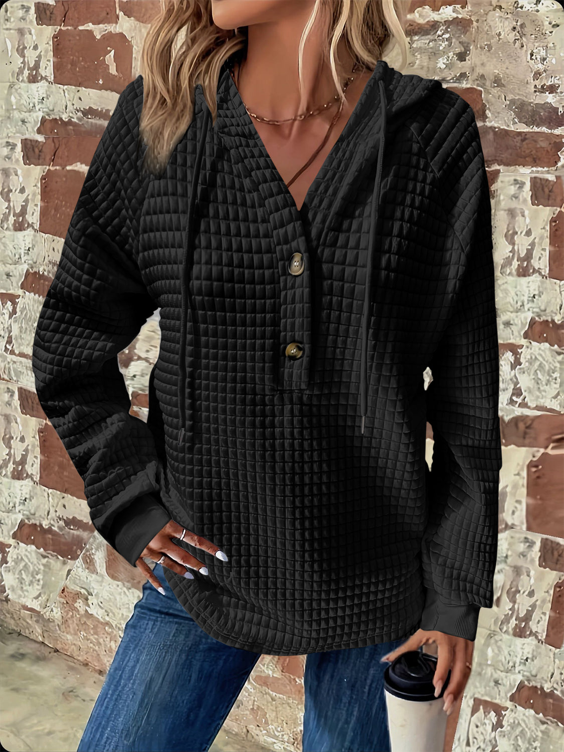 Full Size Texture Button Detail Drawstring Long Sleeve Hoodie-TOPS / DRESSES-[Adult]-[Female]-Black-S-2022 Online Blue Zone Planet