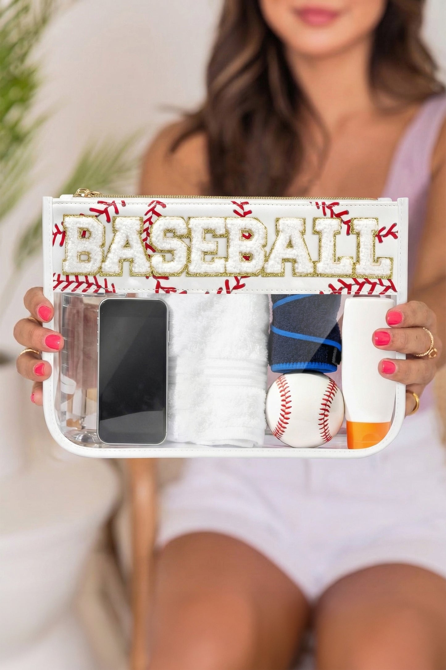 White BASEBALL Chenille Letter Patch Game Day Stadium Clear PVC Cosmetic Bag