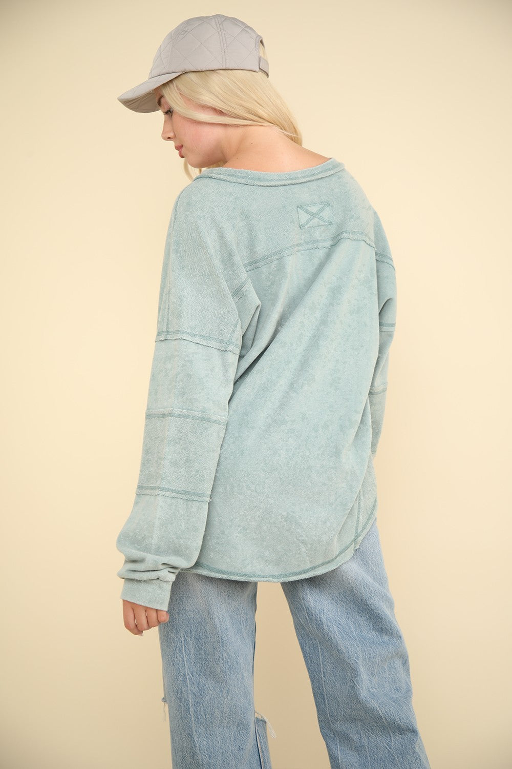 VERY J Washed V-Neck Exposed Seam Knit Top-[Adult]-[Female]-2022 Online Blue Zone Planet