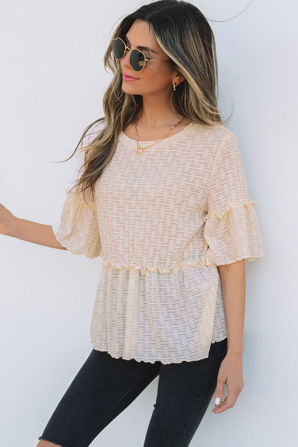 Beige Solid Color Textured Ruffled Short Sleeve Blouse-Tops/Blouses & Shirts-[Adult]-[Female]-2022 Online Blue Zone Planet