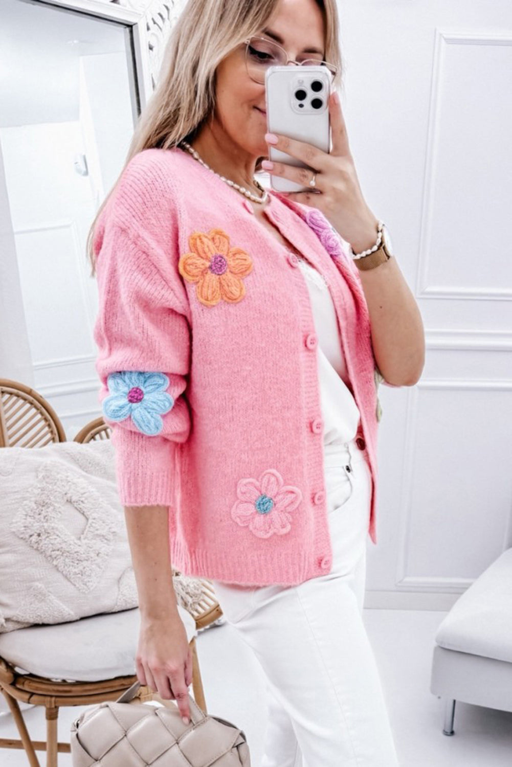 Pink Cute Knitted Floral Pattern Button Up Cardigan-Sweaters & Cardigans/Cardigans-[Adult]-[Female]-2022 Online Blue Zone Planet