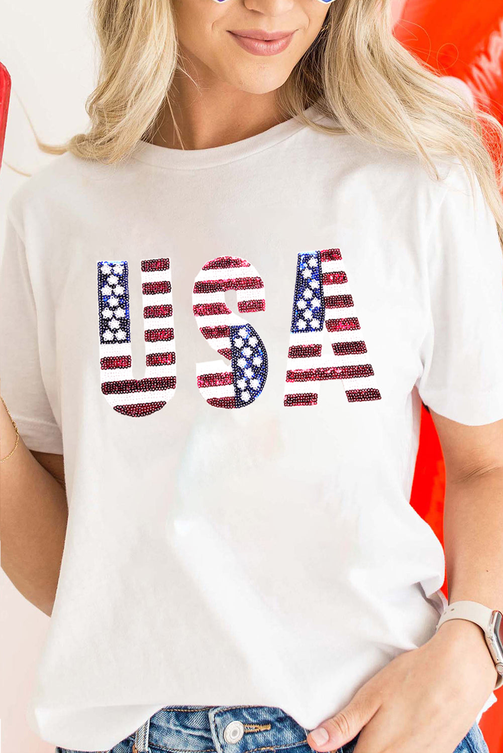 White USA Flag Sequin Graphic Patched Round Neck T Shirt-Graphic Tees-[Adult]-[Female]-White-2XL-2022 Online Blue Zone Planet
