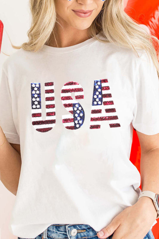 White USA Flag Sequin Graphic Patched Round Neck T Shirt-Graphic Tees-[Adult]-[Female]-White-2XL-2022 Online Blue Zone Planet