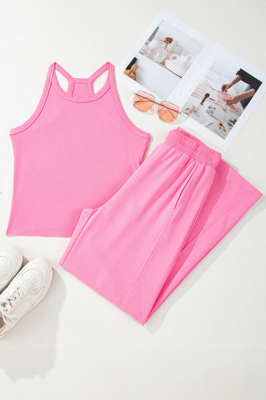 Sachet Pink Slim Ribbed Tank Top and Sweatpants Set-Two Piece Sets/Pant Sets-[Adult]-[Female]-2022 Online Blue Zone Planet
