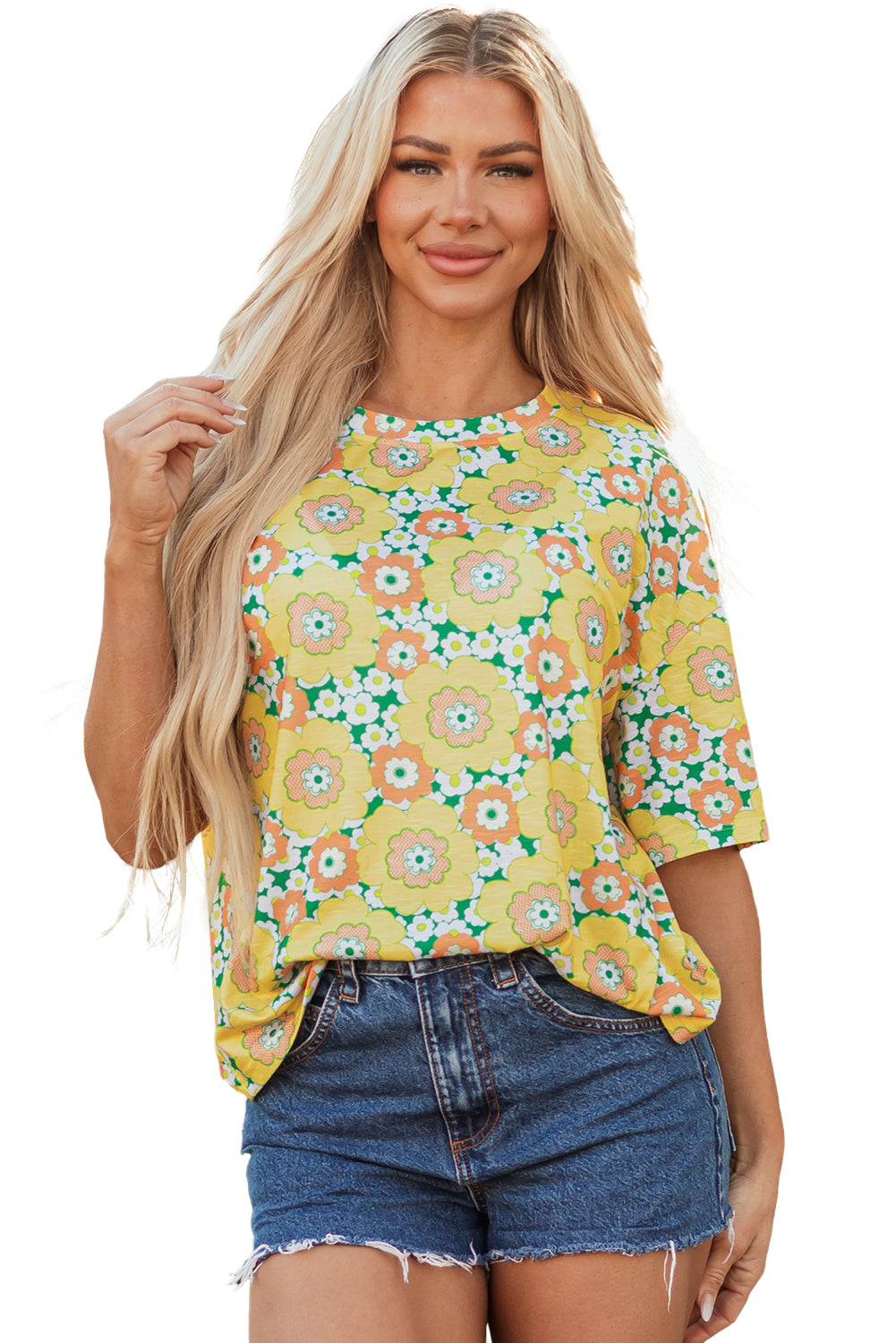 Yellow Summer Flower Printed Drop Shoulder Loose T Shirt-Tops/Tops & Tees-[Adult]-[Female]-2022 Online Blue Zone Planet