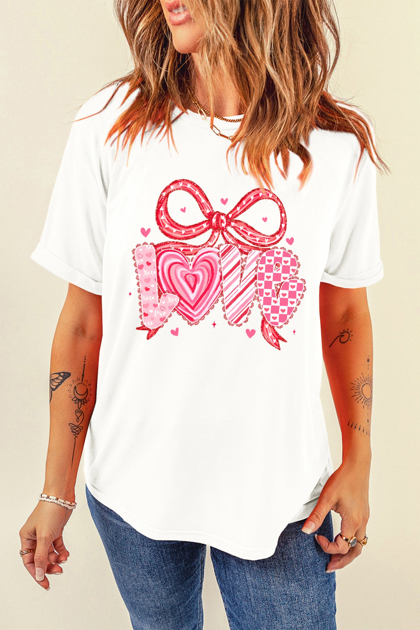 White Sweet Love Ribbon Bow Printed Valentines Day T Shirt-Graphic Tees-[Adult]-[Female]-2022 Online Blue Zone Planet