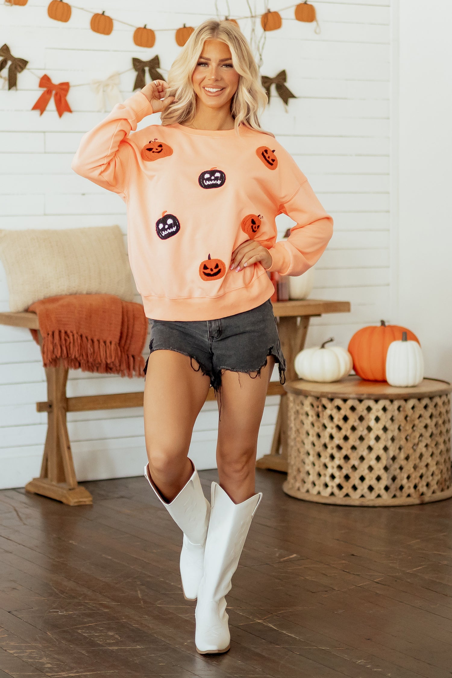 Orange Embroidered Pumpkin Face Drop Shoulder Sweatshirt-Tops/Sweatshirts & Hoodies-[Adult]-[Female]-2022 Online Blue Zone Planet