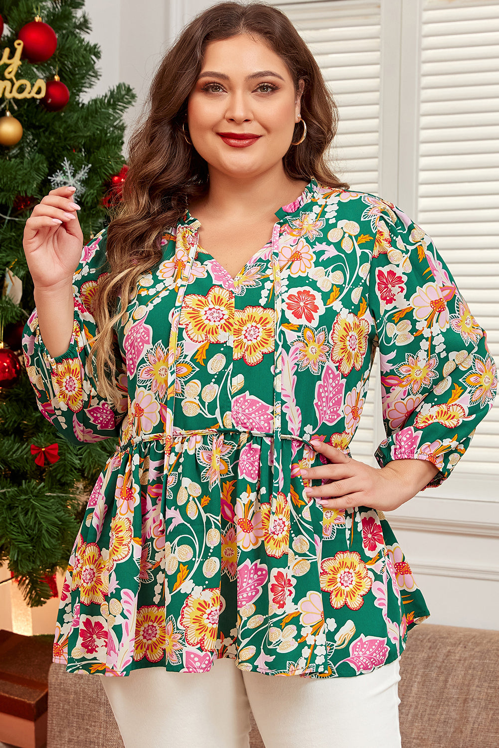 Green Floral Tied V Neck Long Sleeve Plus Size Babydoll Top-Plus Size/Plus Size Tops/Plus Size Blouses & Shirts-[Adult]-[Female]-2022 Online Blue Zone Planet