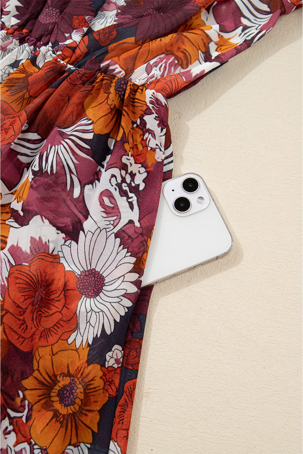 Red Floral Print Wrap V Neck Puff Sleeve Flowy Mini Dress