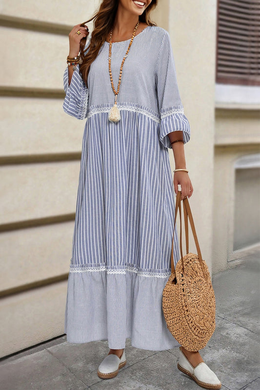 Sky Blue Stripe Patchwork Crossed Lace Detail Bracelet Sleeve Maxi Dress-TOPS / DRESSES-[Adult]-[Female]-2022 Online Blue Zone Planet