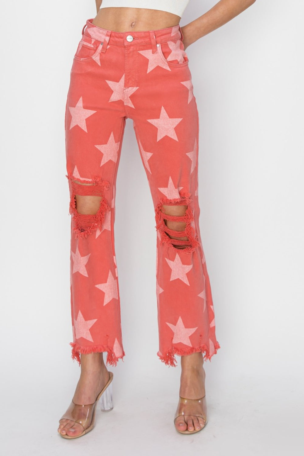 RISEN Full Size Distressed Raw Hem Star Pattern Jeans-BOTTOM SIZES SMALL MEDIUM LARGE-[Adult]-[Female]-Peach Blossom-0-2022 Online Blue Zone Planet