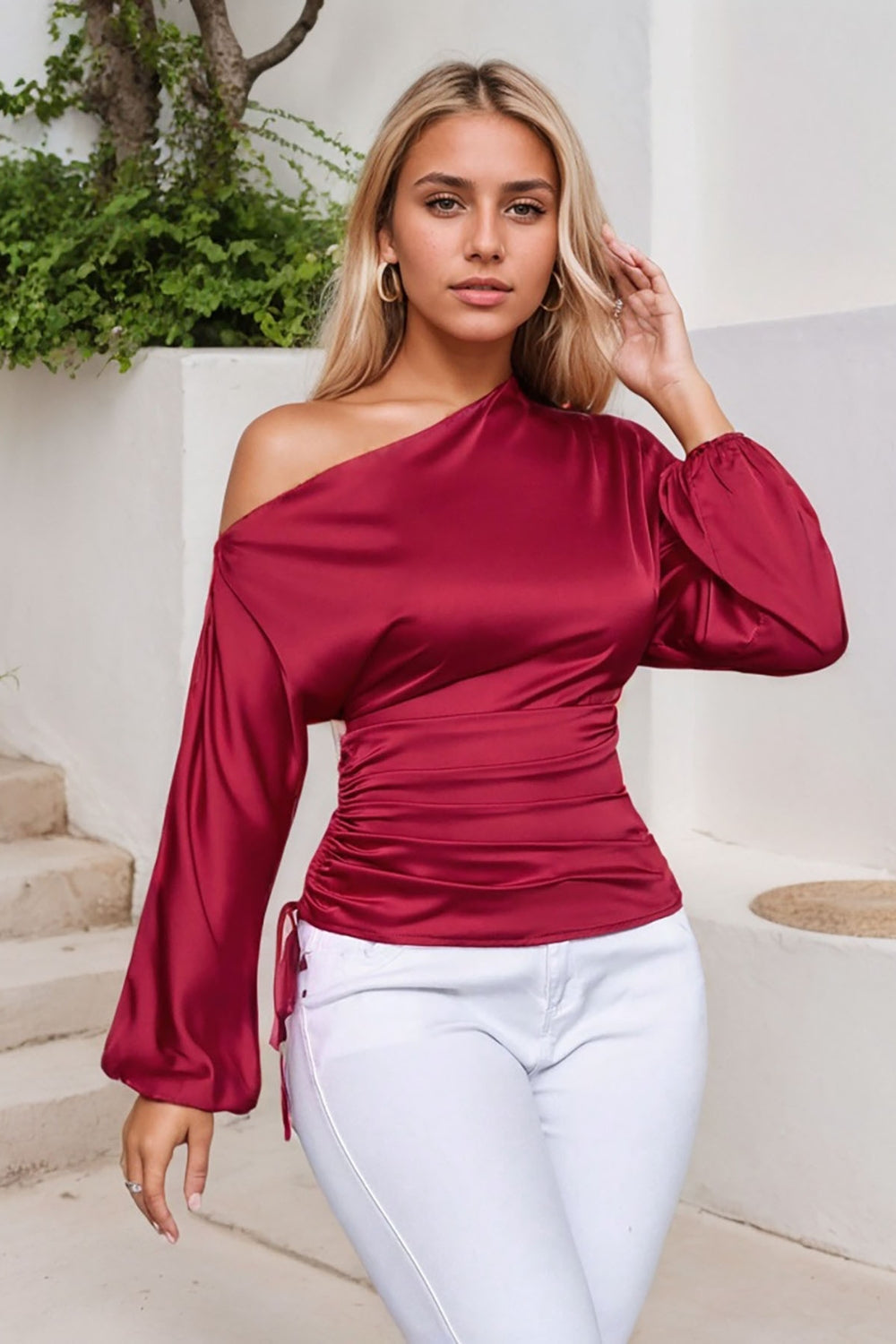 Drawstring One Shoulder Long Sleeve Blouse-TOPS / DRESSES-[Adult]-[Female]-2022 Online Blue Zone Planet