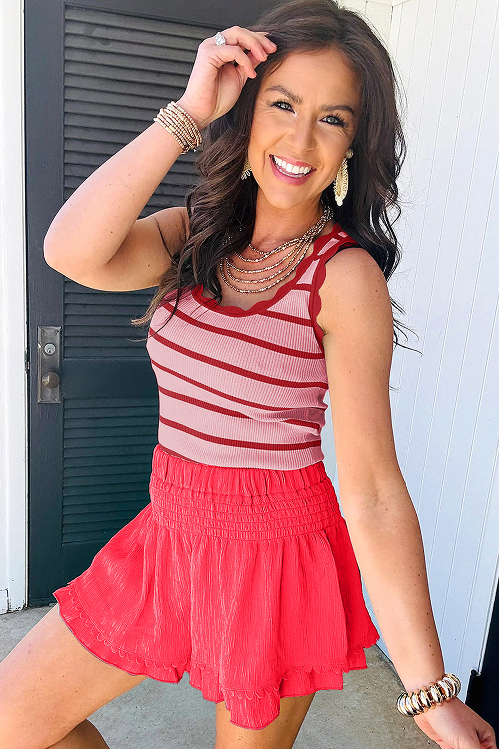 Rose Stripe Striped Scalloped Edge U Neck Sleeveless Sweater Vest-Sweaters & Cardigans/Sweater Vests-[Adult]-[Female]-2022 Online Blue Zone Planet