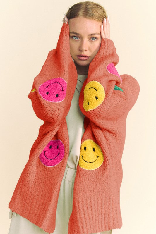 Davi & Dani Fuzzy Smile Open Front Long Sleeve Cardigan-TOPS / DRESSES-[Adult]-[Female]-Rust-S-2022 Online Blue Zone Planet