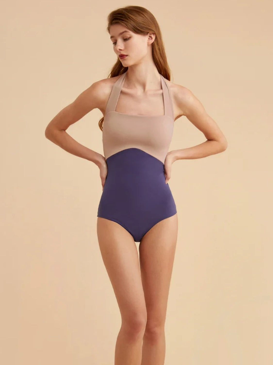 Contrast Halter Neck One-Piece Swimwear BLUE ZONE PLANET