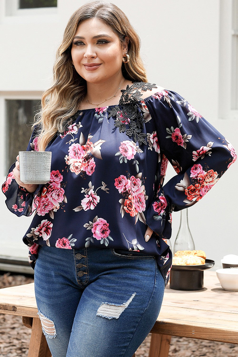 Plus Size Floral Flounce Sleeve Blouse-TOPS / DRESSES-[Adult]-[Female]-2022 Online Blue Zone Planet