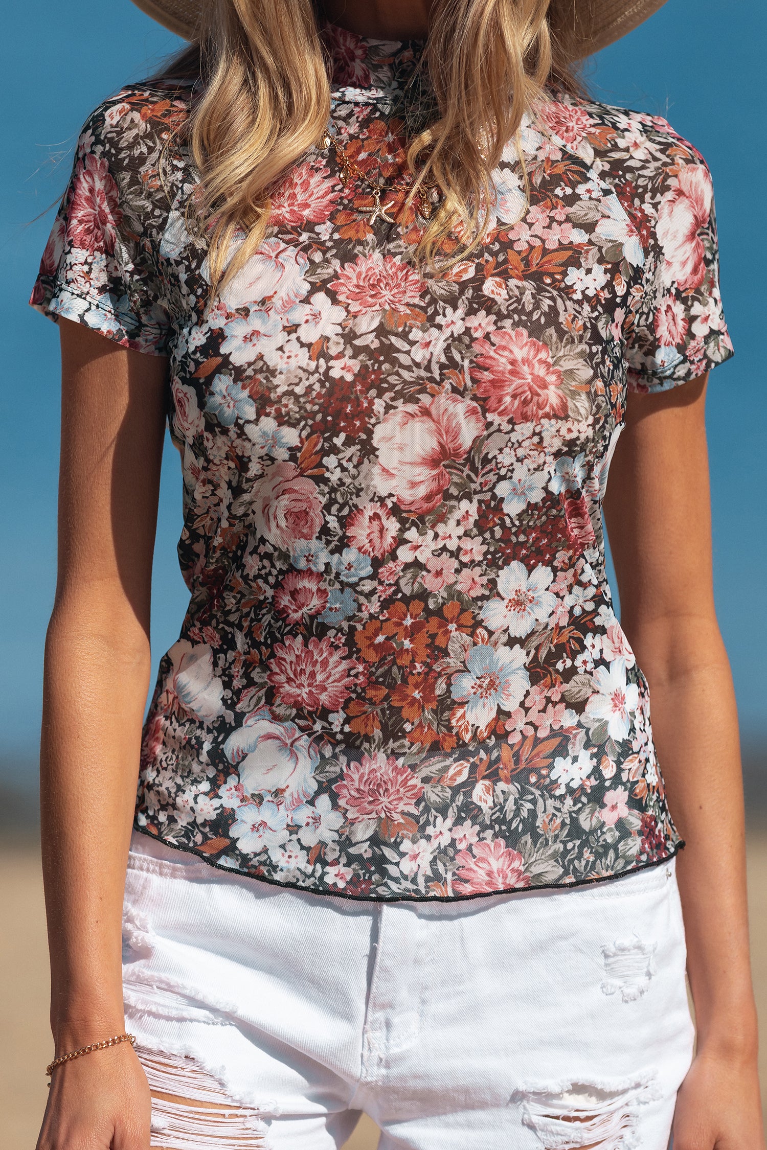 Brown Floral Print High Neck Short Sleeve Mesh Top-Tops/Tops & Tees-[Adult]-[Female]-2022 Online Blue Zone Planet