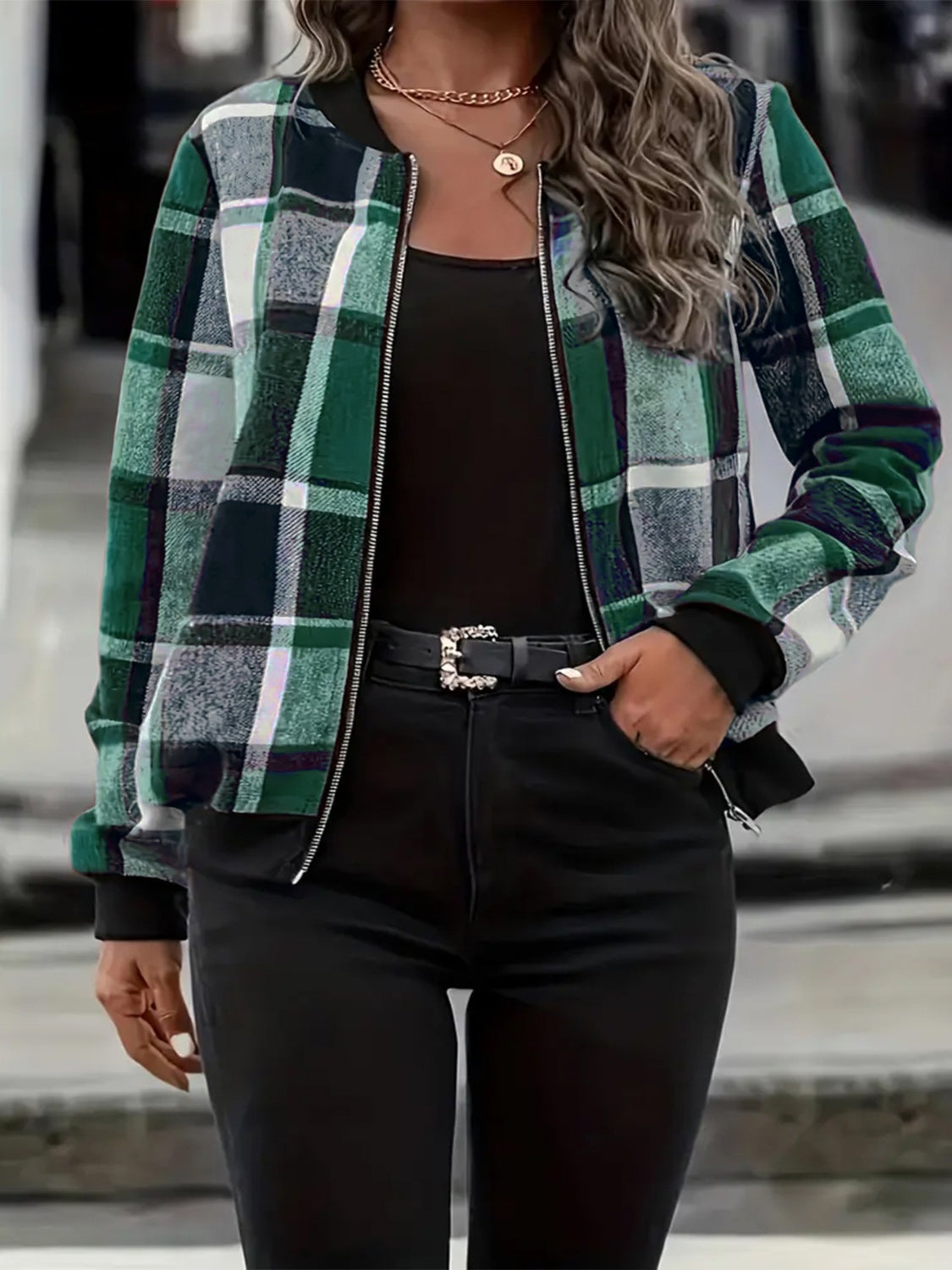 Plus Size Plaid Baseball Collar Zip Up Jacket-TOPS / DRESSES-[Adult]-[Female]-Dark Green-1XL-2022 Online Blue Zone Planet