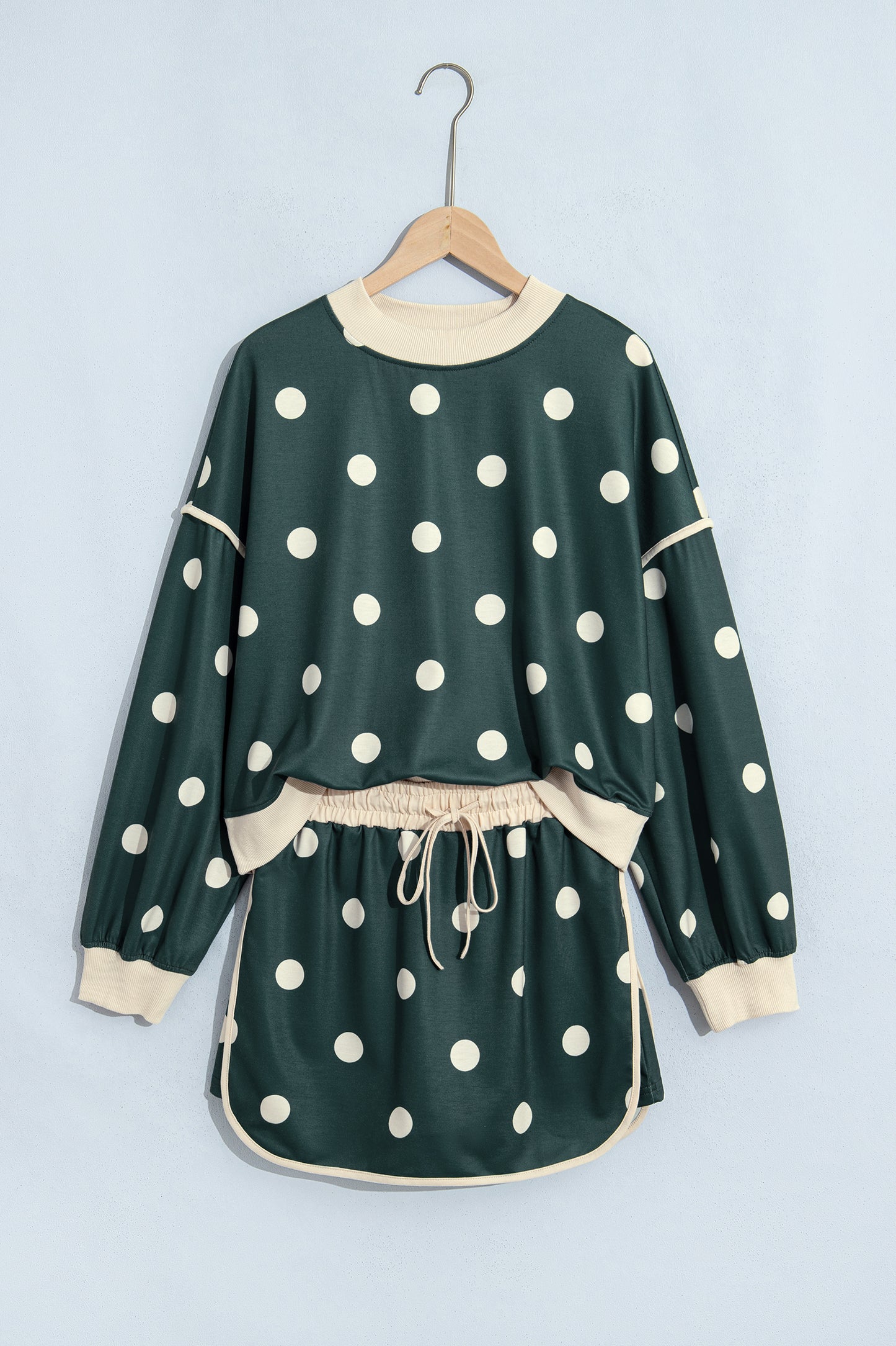 Green Polka Dot Print Color Block Trim Baggy Pullover Drawstring Skirt 2pcs Set-Two Piece Sets/Two Piece Dresses-[Adult]-[Female]-2022 Online Blue Zone Planet