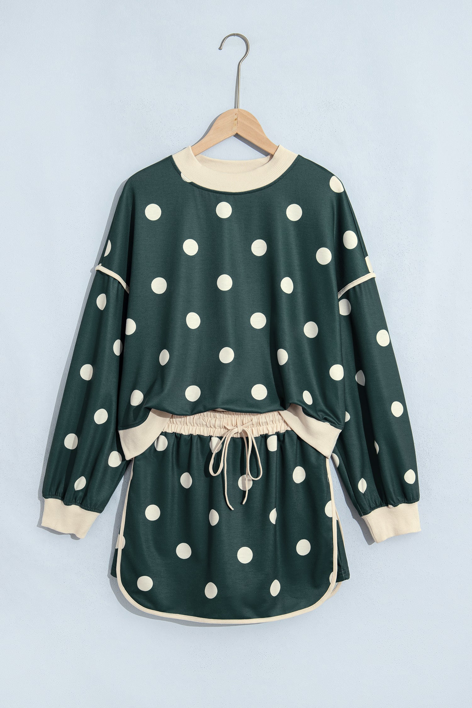 Green Polka Dot Print Color Block Trim Baggy Pullover Drawstring Skirt 2pcs Set-Two Piece Sets/Two Piece Dresses-[Adult]-[Female]-2022 Online Blue Zone Planet