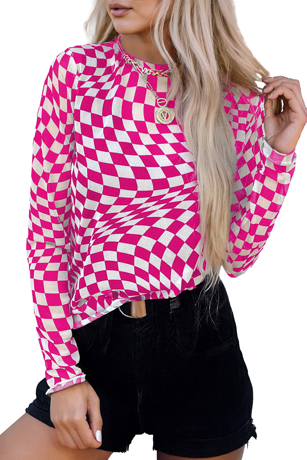 Blue Zone Planet | Rose Checkered Pattern Mesh Mock Neck Long Sleeve Top-Tops/Long Sleeve Tops-[Adult]-[Female]-2022 Online Blue Zone Planet