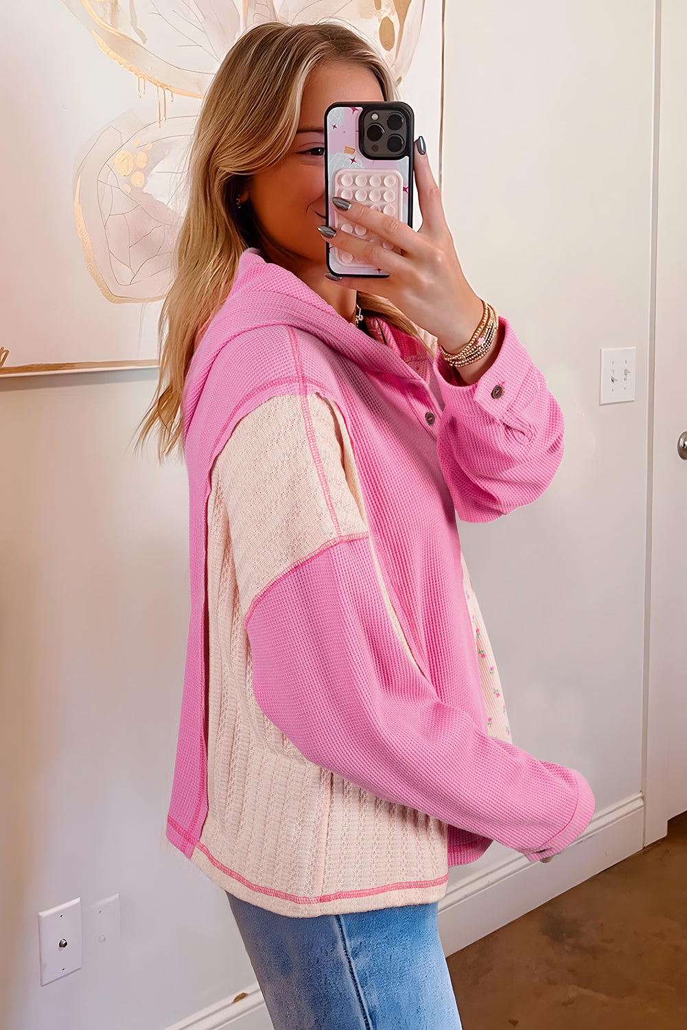 Pink Mixed Texture Waffle Floral Patchwork Hooded Oversize Pullover-Tops/Sweatshirts & Hoodies-[Adult]-[Female]-2022 Online Blue Zone Planet