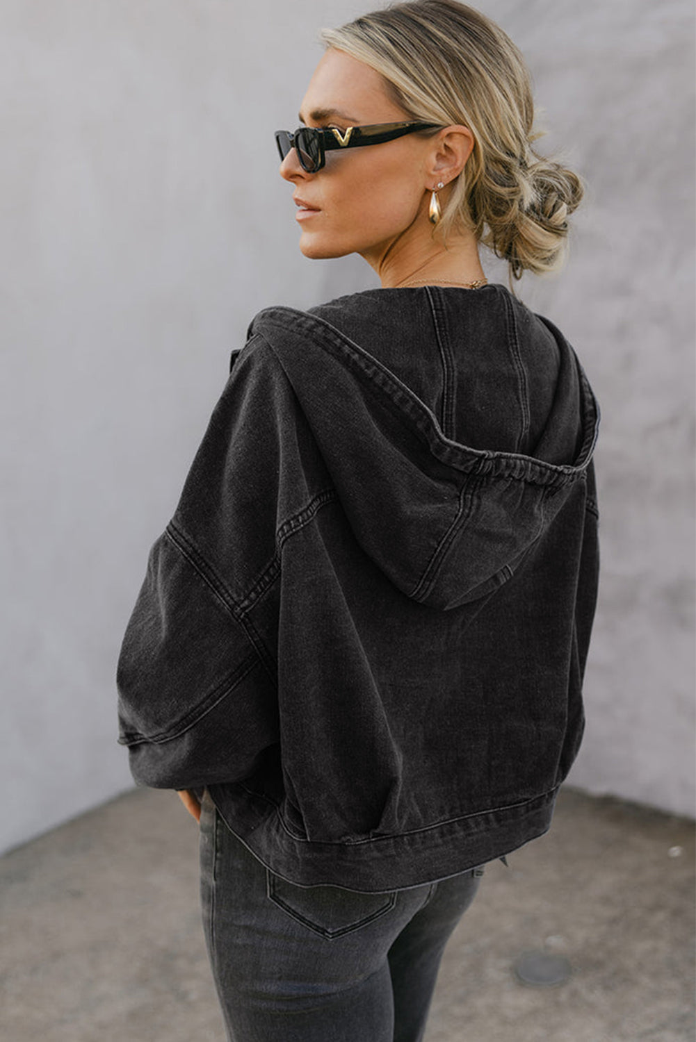 Black Big Chest Pocket Drop Shoulder Hooded Denim Jacket-Outerwear/Denim jackets-[Adult]-[Female]-2022 Online Blue Zone Planet