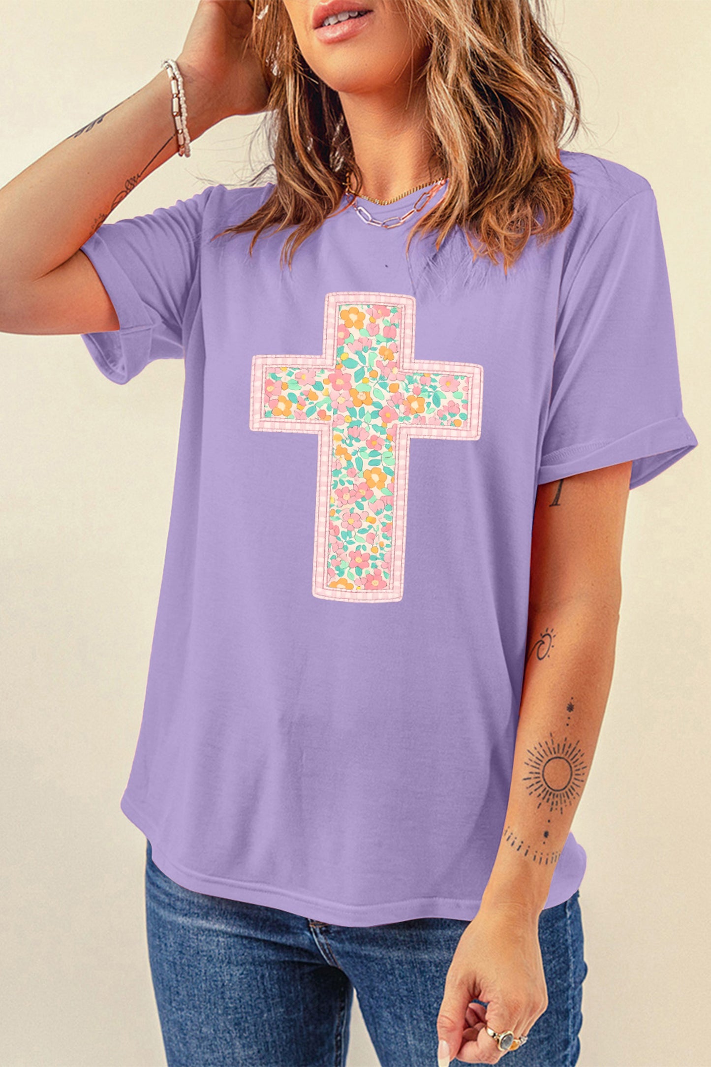 Wisteria Easter Floral Cross Christian Casual Tee-Graphic/Graphic Tees-[Adult]-[Female]-2022 Online Blue Zone Planet