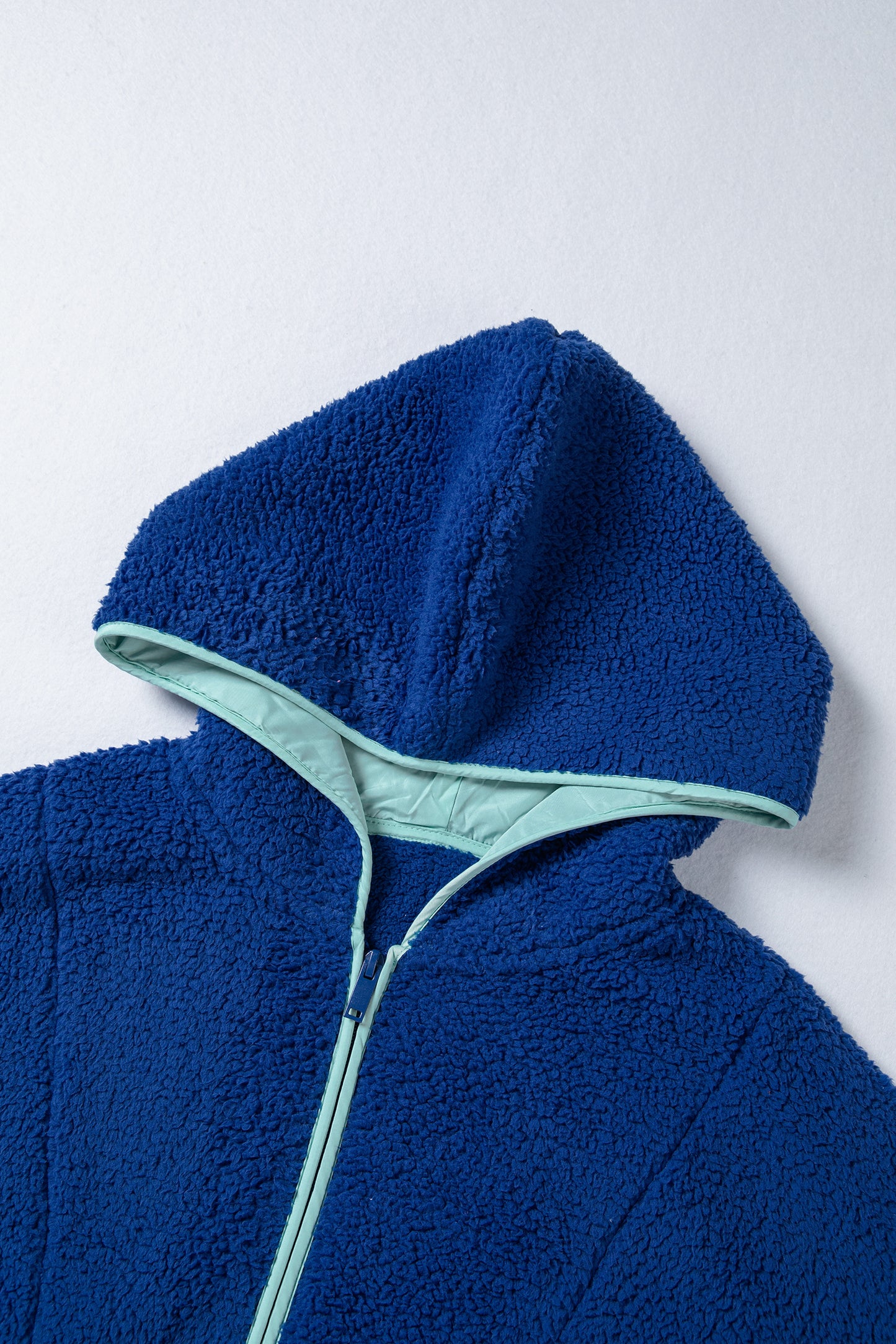 Sky Blue Sherpa Half Zip Contrast Trim Pullover Hoodie-Tops / Dresses-[Adult]-[Female]-2022 Online Blue Zone Planet
