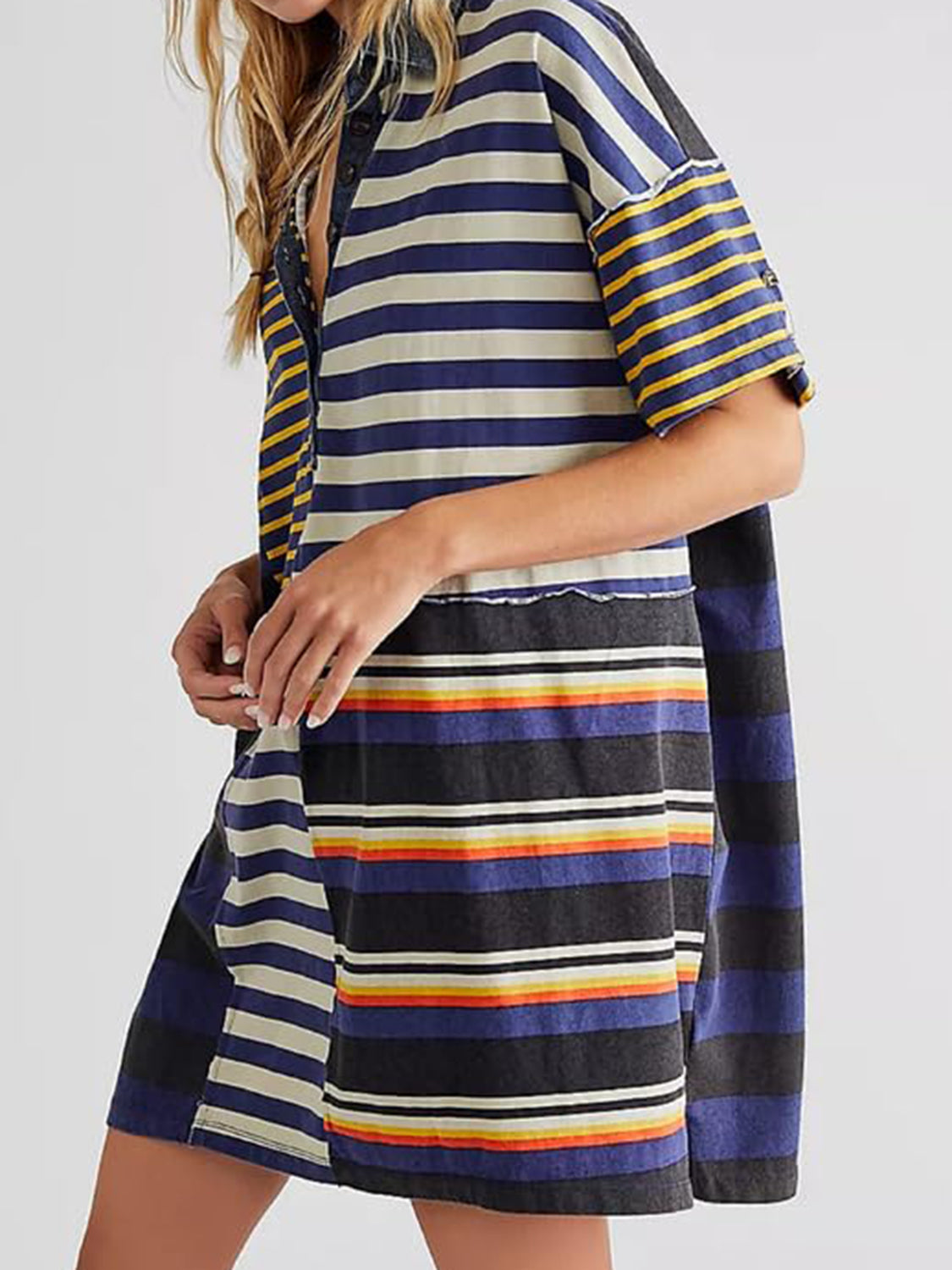 Blue Zone Planet | Exposed Seam Striped Half Sleeve Mini Dress-TOPS / DRESSES-[Adult]-[Female]-2022 Online Blue Zone Planet