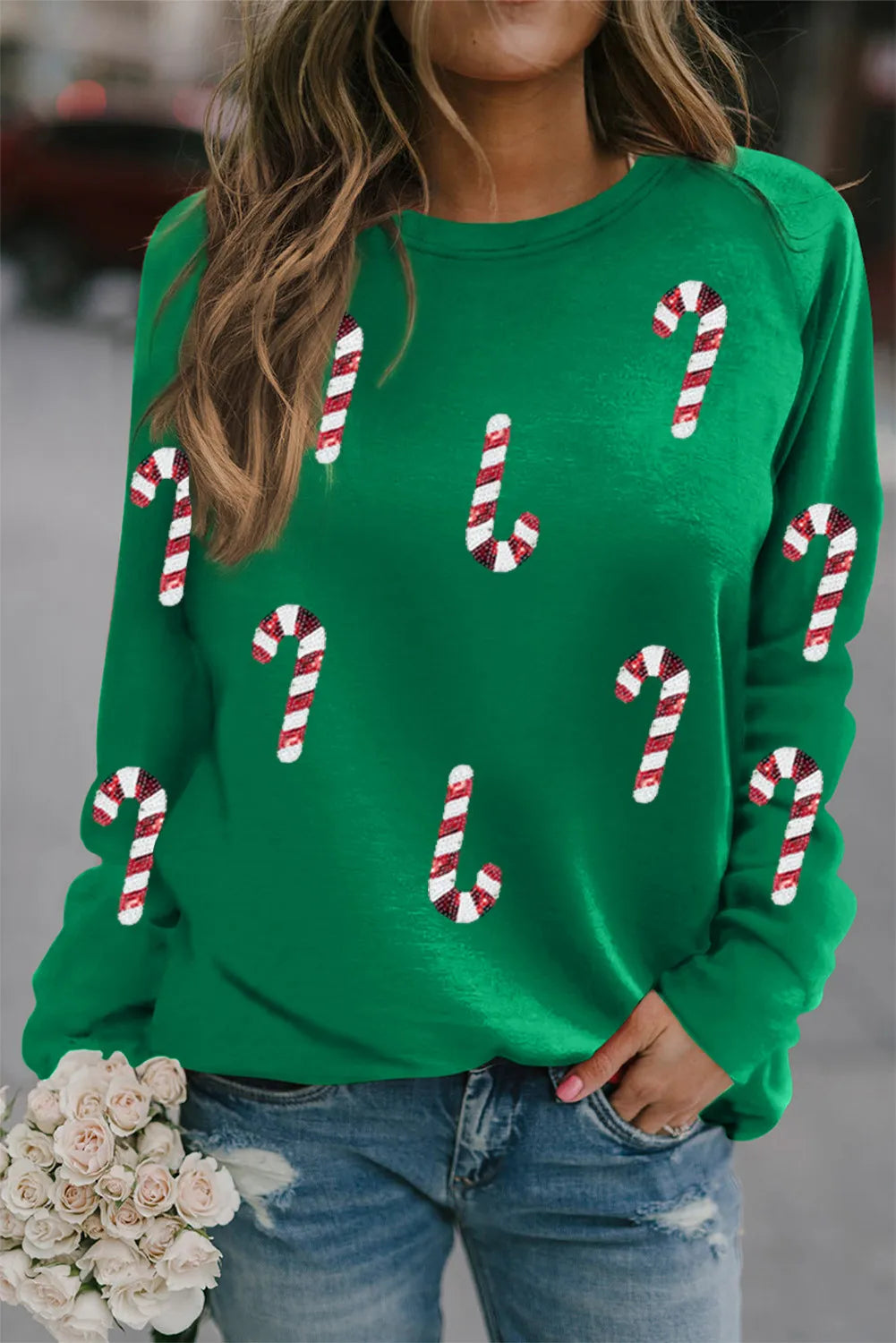 Candy Cane Round Neck Long Sleeve Sweatshirt-TOPS / DRESSES-[Adult]-[Female]-Dark Green-S-2022 Online Blue Zone Planet