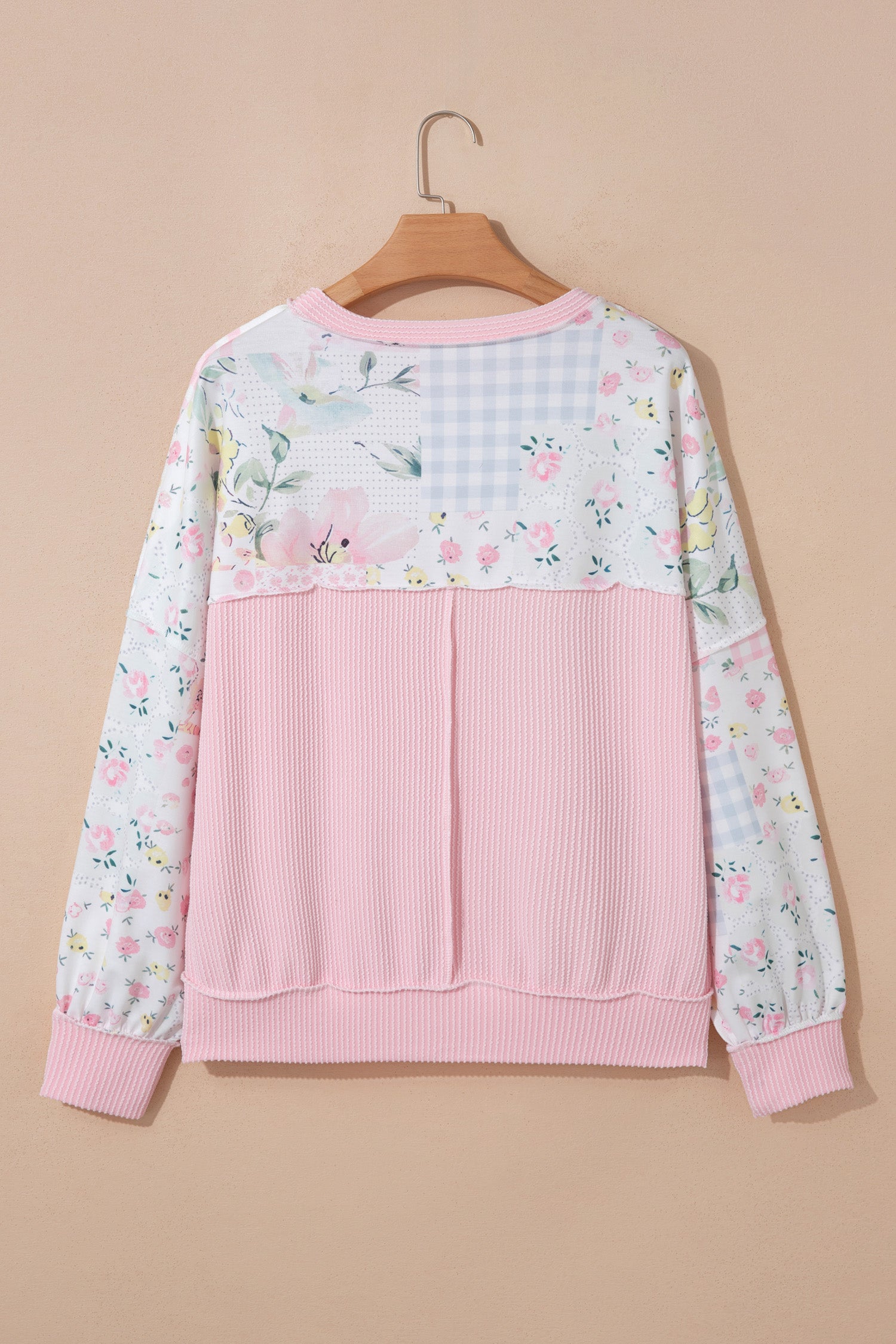 Pink Twisted Ribbed Trim Floral Print Patchwork Long Sleeve Top-Tops/Long Sleeve Tops-[Adult]-[Female]-2022 Online Blue Zone Planet