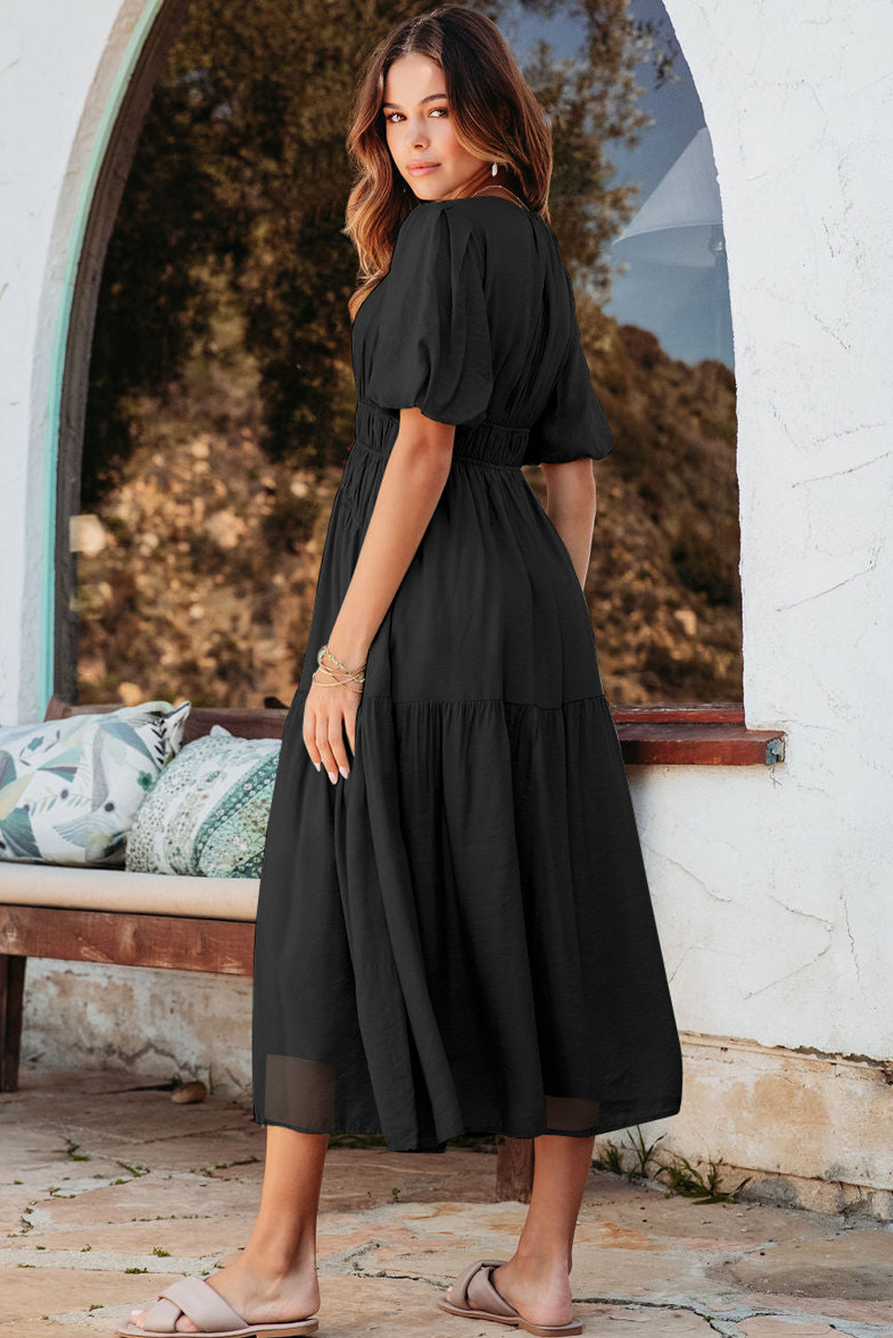 Black Puff Sleeve Pleated High Waist Flowy Long Dress-TOPS / DRESSES-[Adult]-[Female]-2022 Online Blue Zone Planet