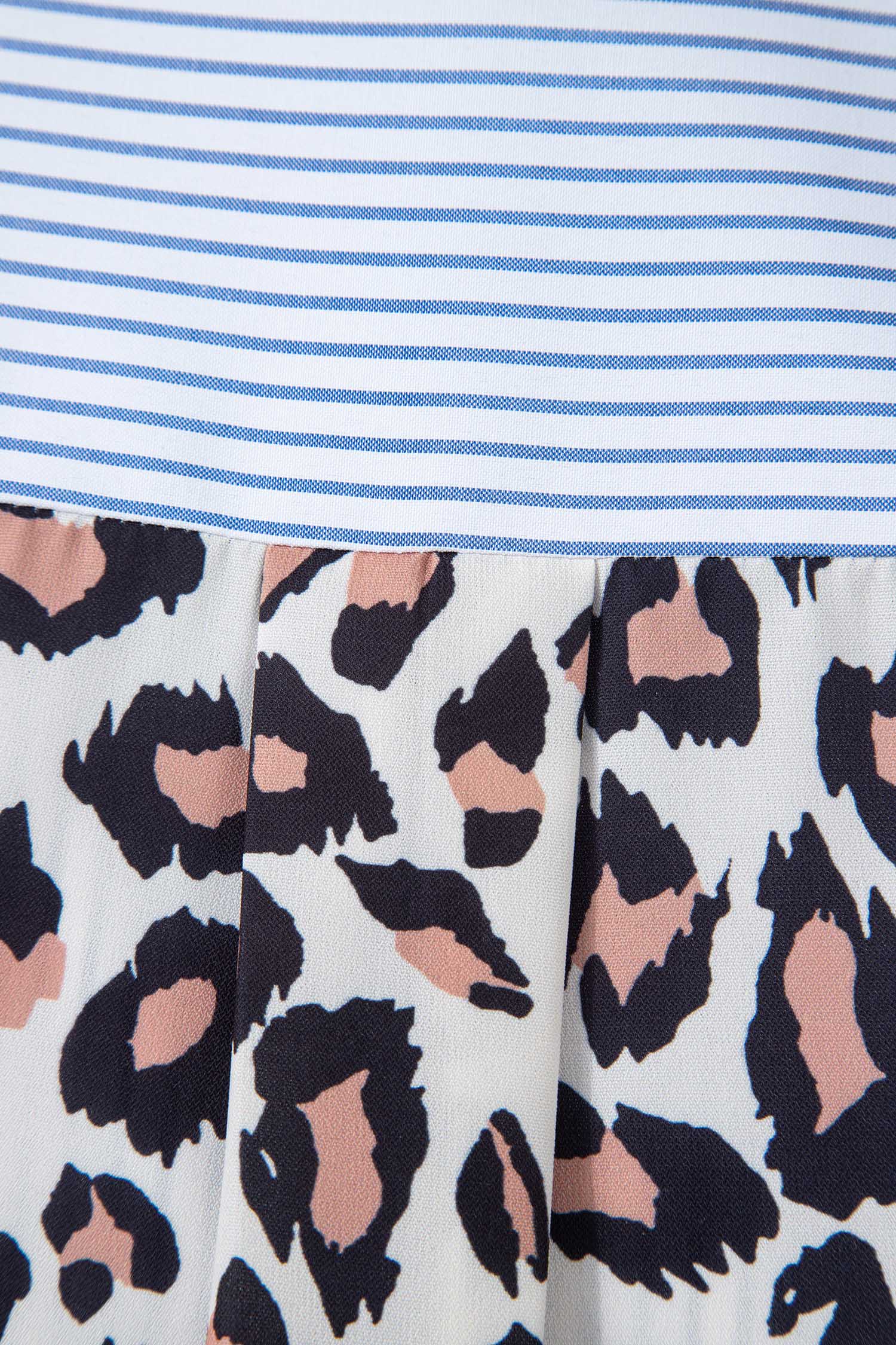 Sky Blue Stripe Colorblock Leopard Patchwork Chest Pocket Cuffed Sleeve Shirt-Tops/Blouses & Shirts-[Adult]-[Female]-2022 Online Blue Zone Planet