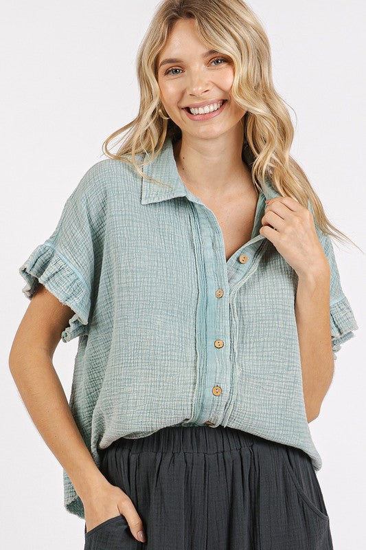 Mittoshop Mineral Washed Button Down Flounce Sleeve Shirt-TOPS / DRESSES-[Adult]-[Female]-2022 Online Blue Zone Planet